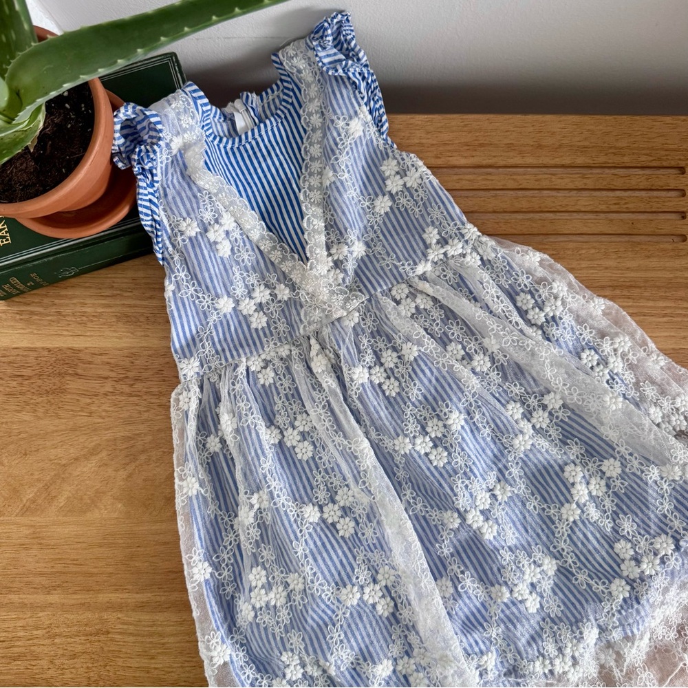 Cottagecore Lace Overlay Dress Blue Stripe Prairie Milkmaid Heirloom Style 4T